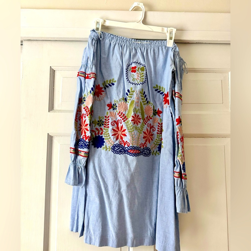 Off the shoulder dress with embroidered detail; worn twice for less than an hour